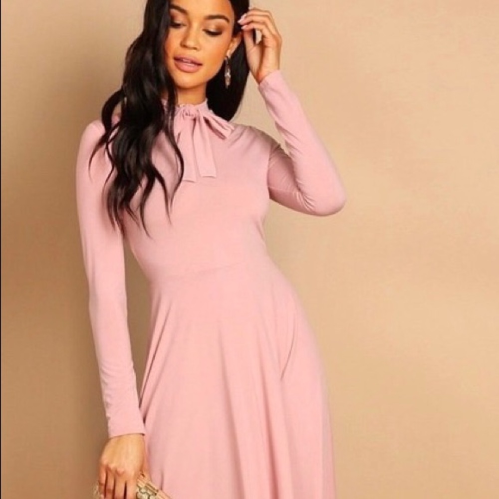 New Pink Tie Neck Fit & Flare Dress